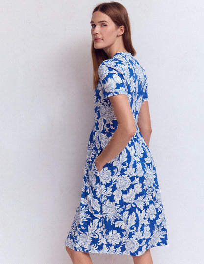 Naomi Kurzes Jerseykleid-Blau, Botanisches Muster-3