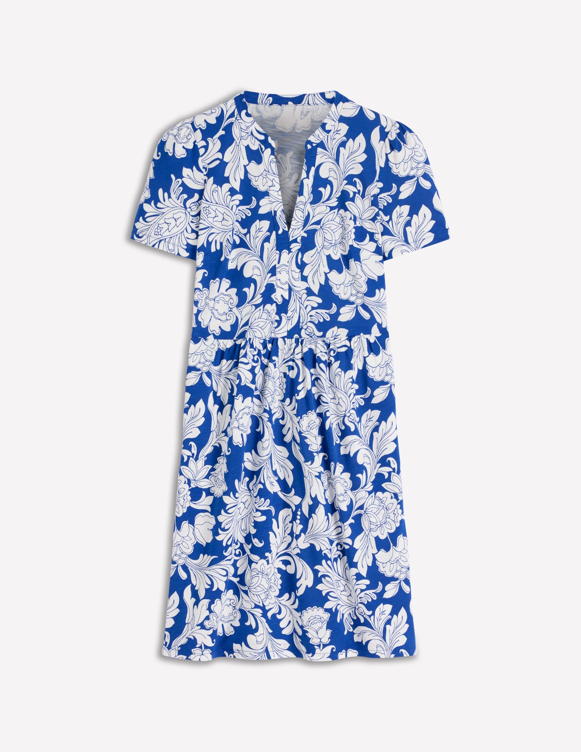 Naomi Kurzärmliges Kleid-Blau, Botanisches Muster Monochrom - Image 5