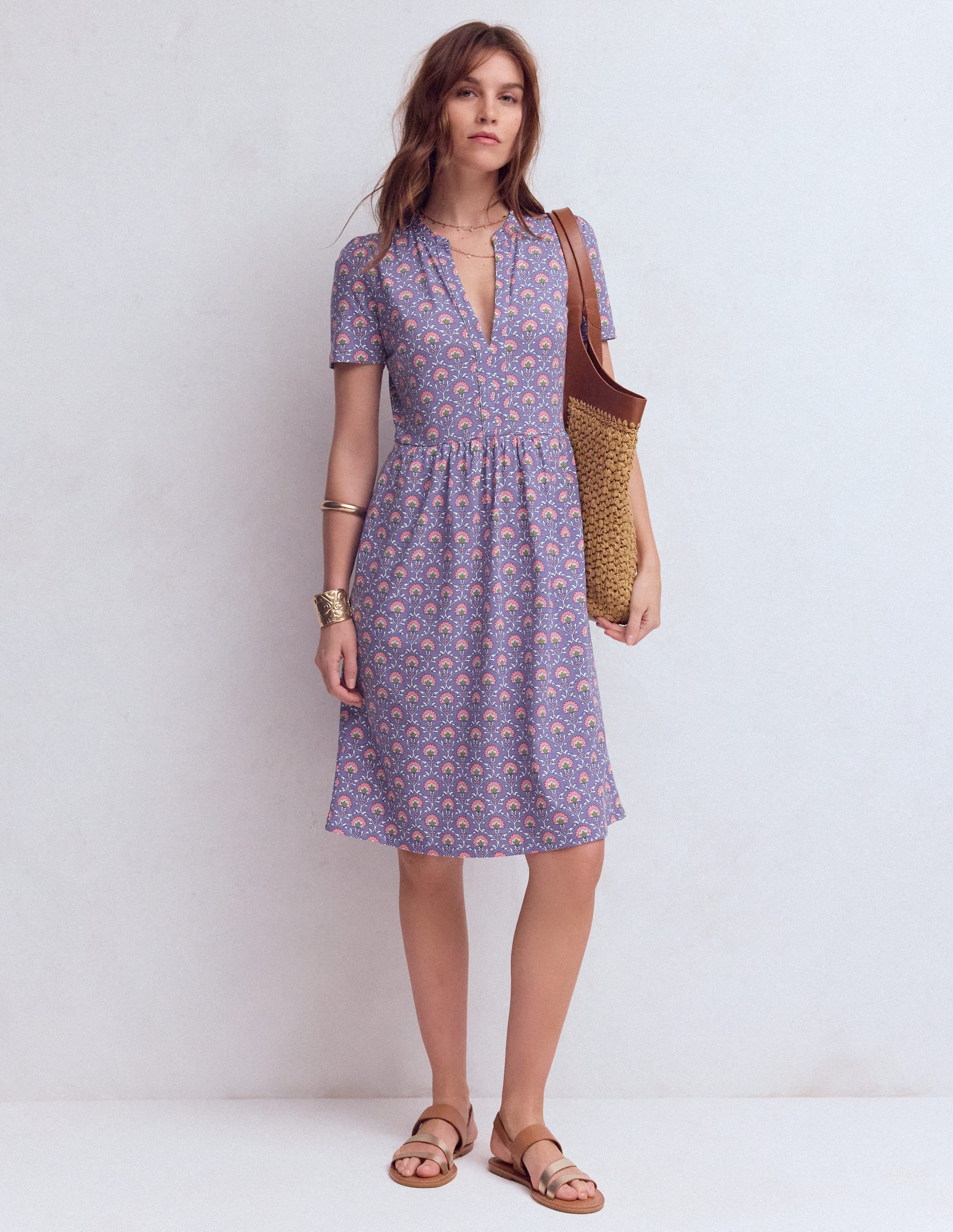 Robe Naomi à manches courtes-Chardon violet, motif Flower Lattice - Image 1