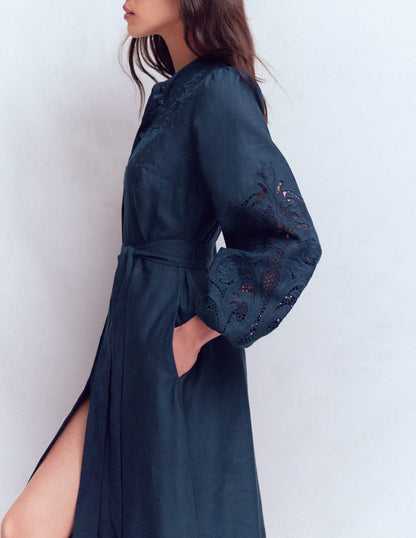 Robe-chemise Mae en lin mélangé-Bleu marine-5