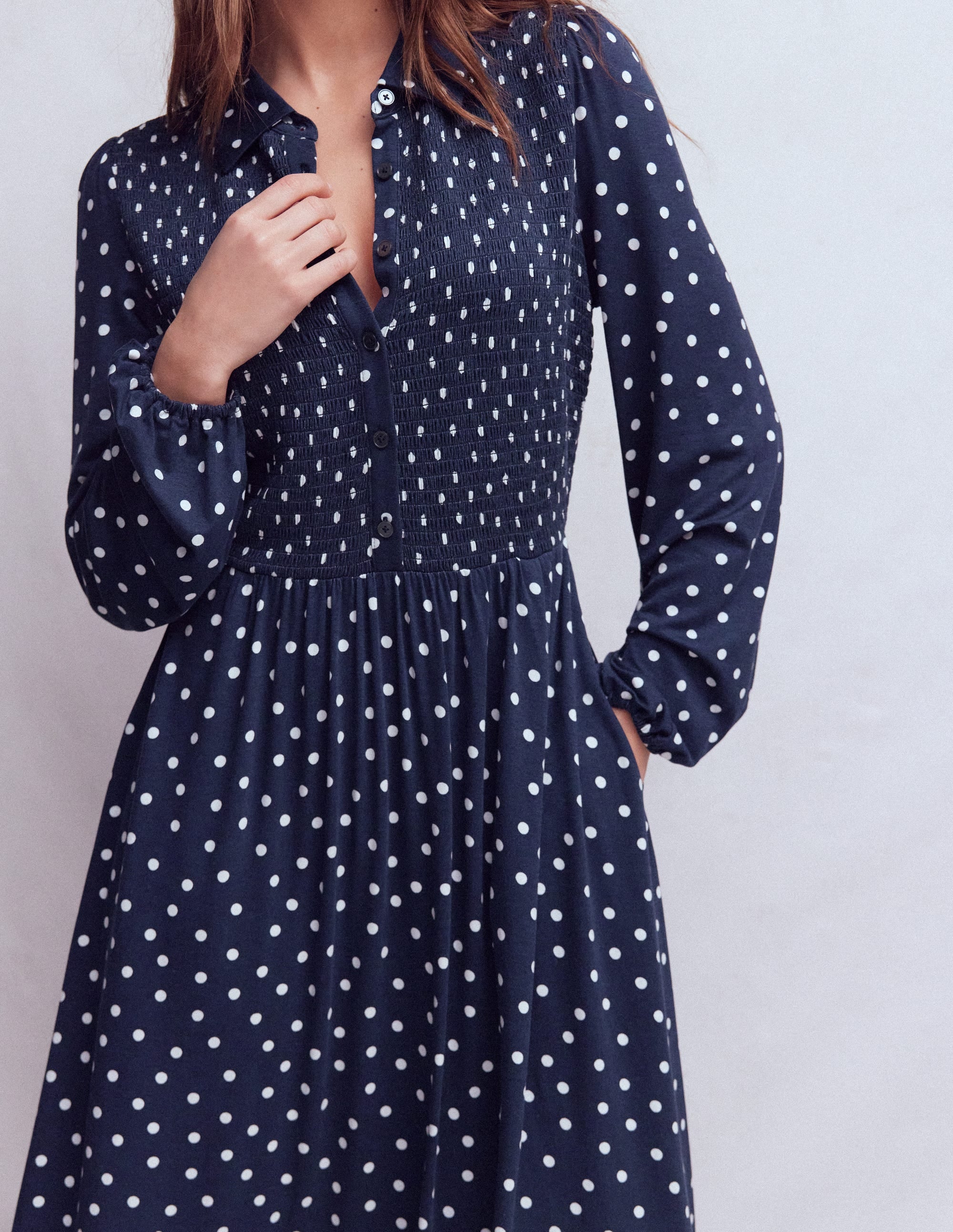 Smocked Jersey Dress-French Navy, Painted Dot - Image 2
