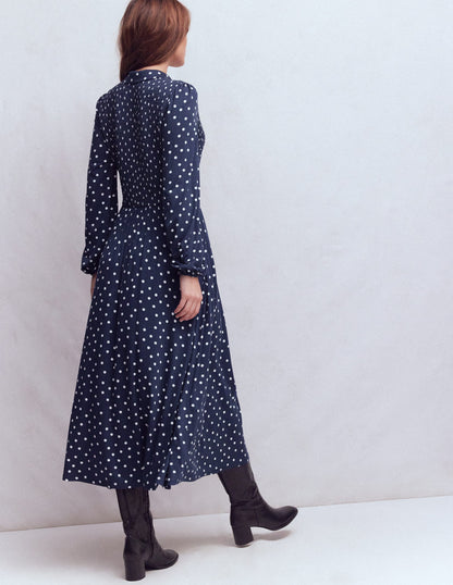 Smocked Jersey Shirt Dress-Navy Spot-4