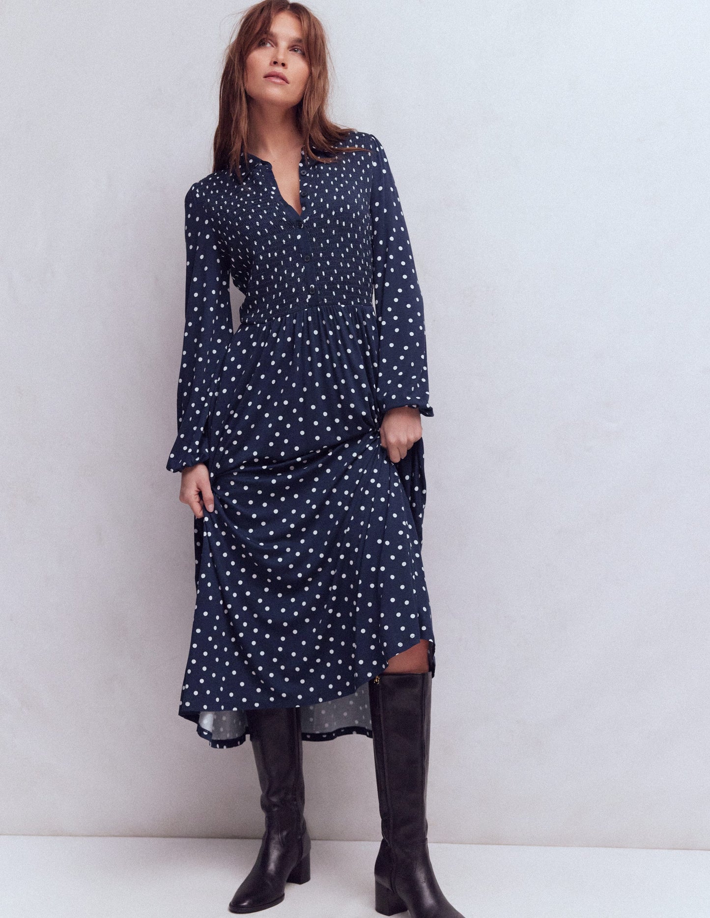 Smocked Jersey Shirt Dress-Navy Spot