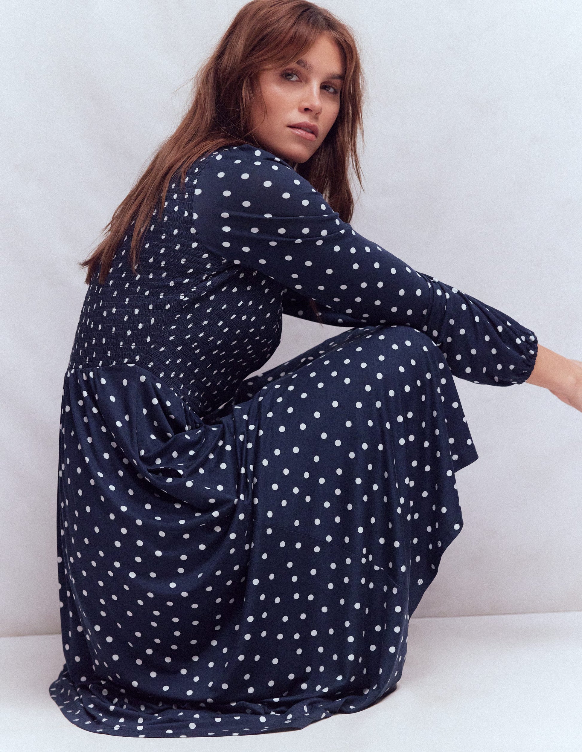Smocked Jersey Shirt Dress-Navy Spot-6
