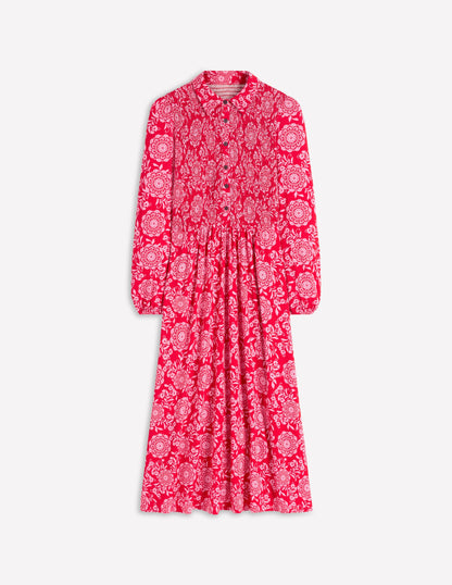 Gesmoktes Jersey-Hemdblusenkleid-Merida-Rot, Blumenmuster-7