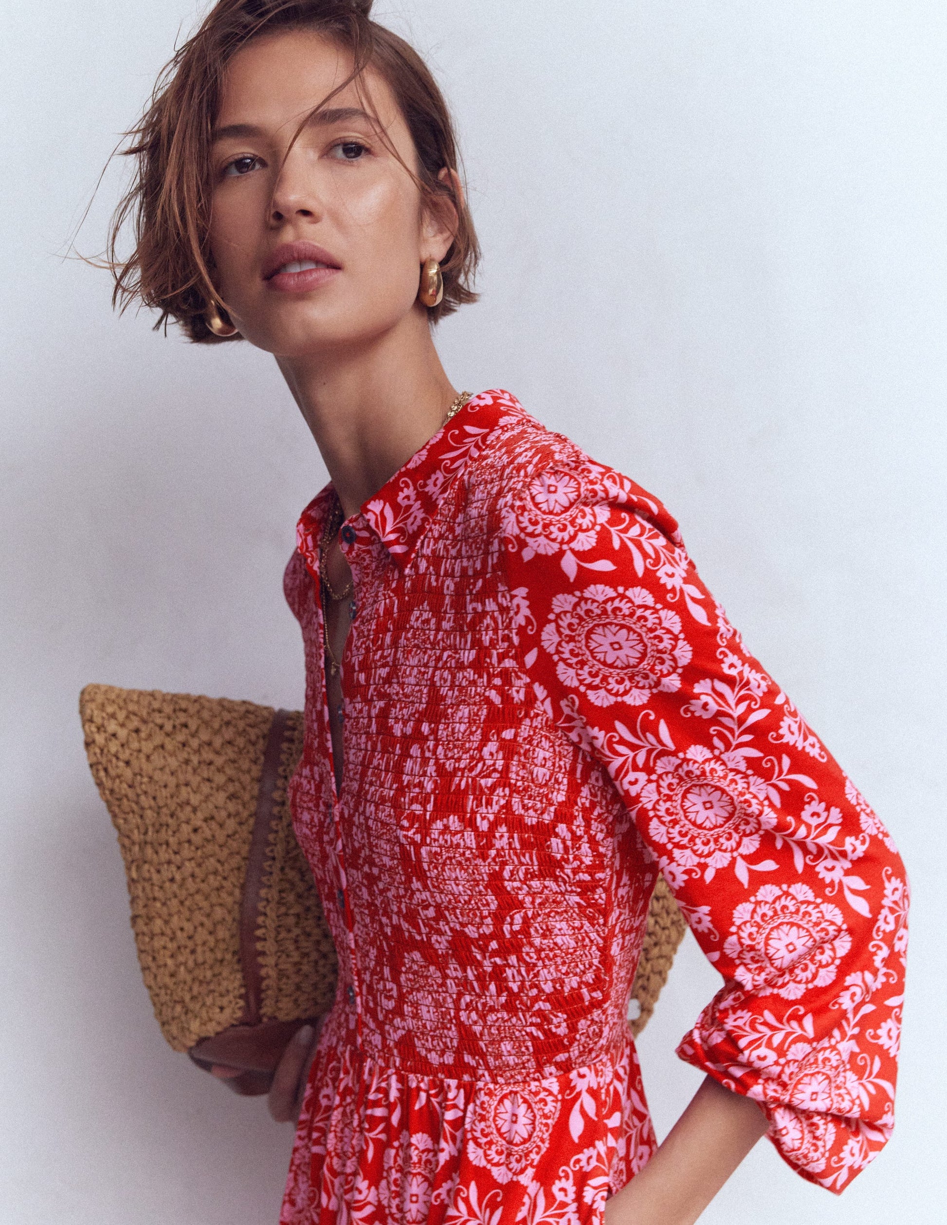 Gesmoktes Jersey-Hemdblusenkleid-Merida-Rot, Blumenmuster-5