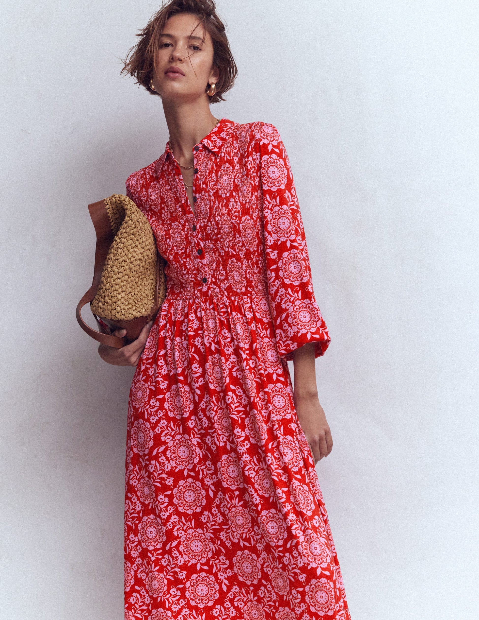 Gesmoktes Jersey-Hemdblusenkleid-Merida-Rot, Blumenmuster-6