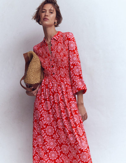 Gesmoktes Jersey-Hemdblusenkleid-Merida-Rot, Blumenmuster-6