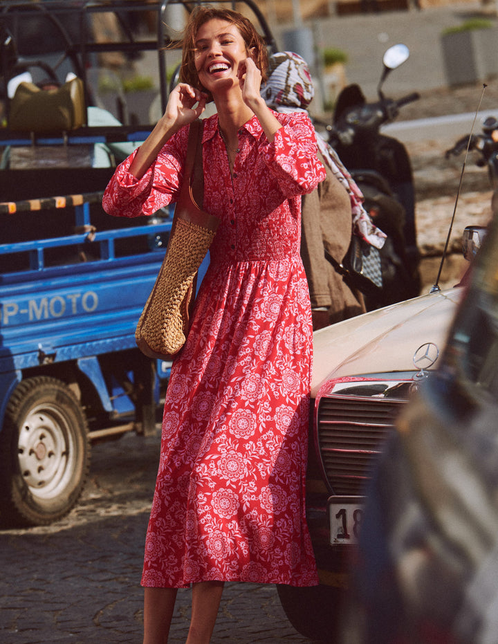 Gesmoktes Jersey-Hemdblusenkleid-Merida-Rot, Blumenmuster