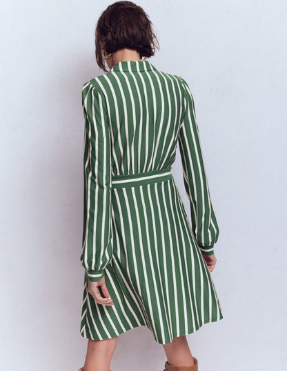Orla Short Jersey Shirt Dress-Hunter Green, Ivory Stripe-4