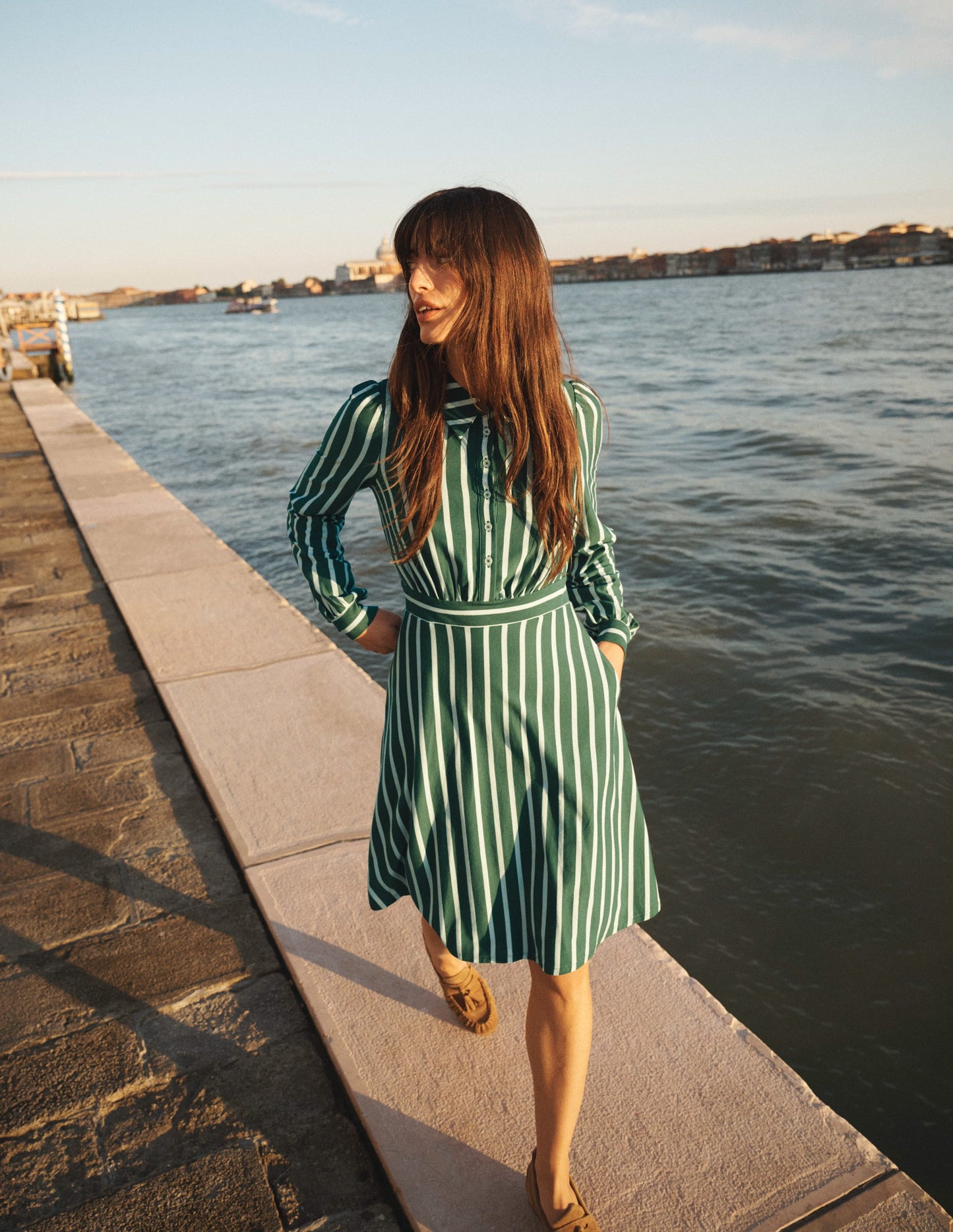 Orla Short Jersey Shirt Dress-Hunter Green, Ivory Stripe