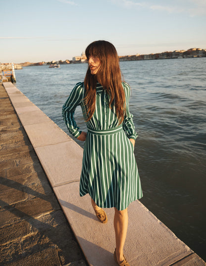 Orla Short Jersey Shirt Dress-Hunter Green, Ivory Stripe-1