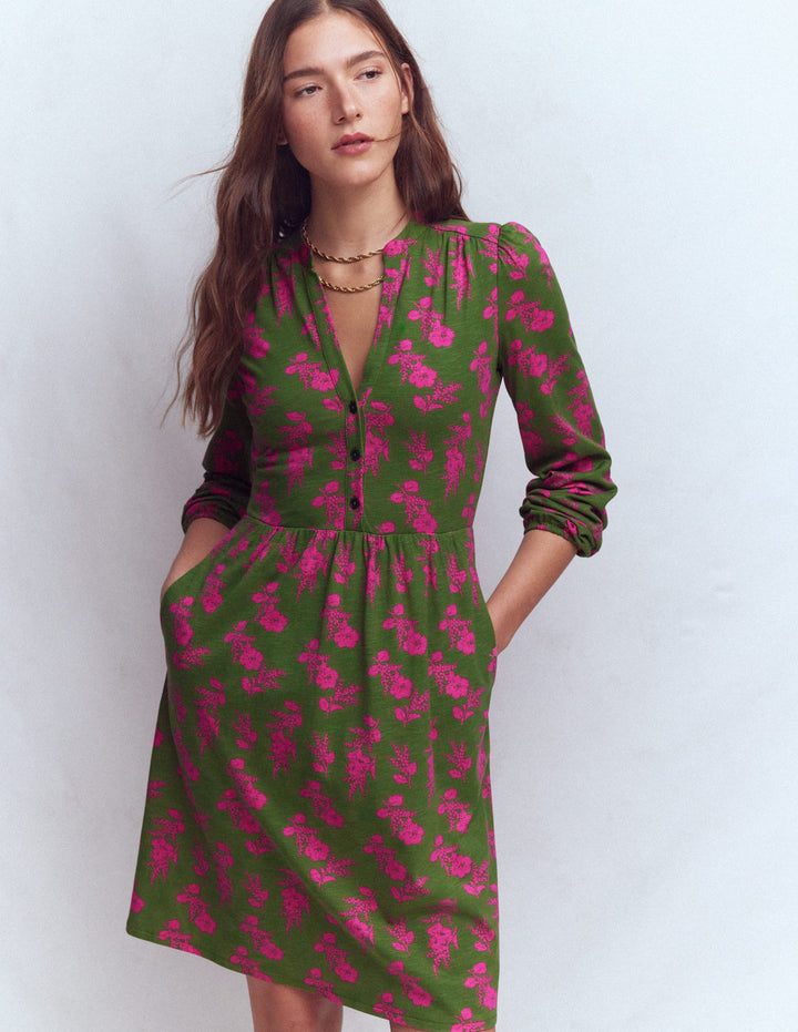 Robe courte Amy en jersey-Motif floral rose et vert
