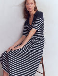 Robe à col Aria en jersey-Bleu marine, rayé ivoire