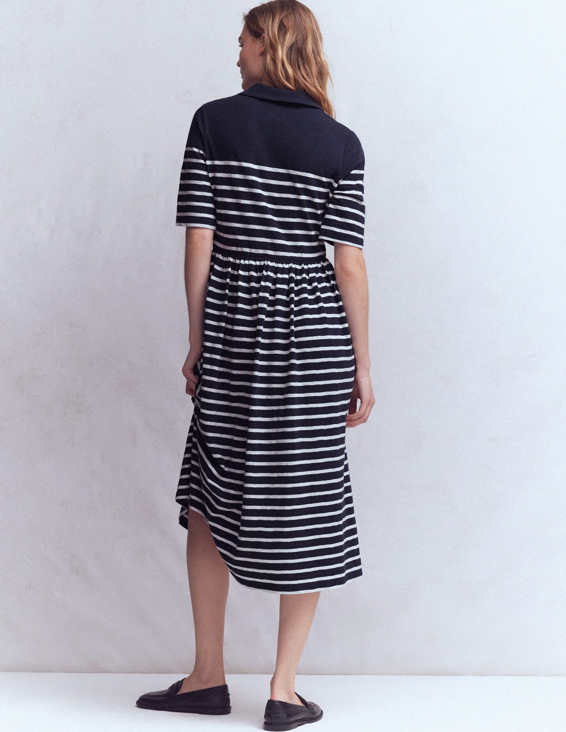 Aria Collared Jersey Dress-Navy, Ivory Stripe-3