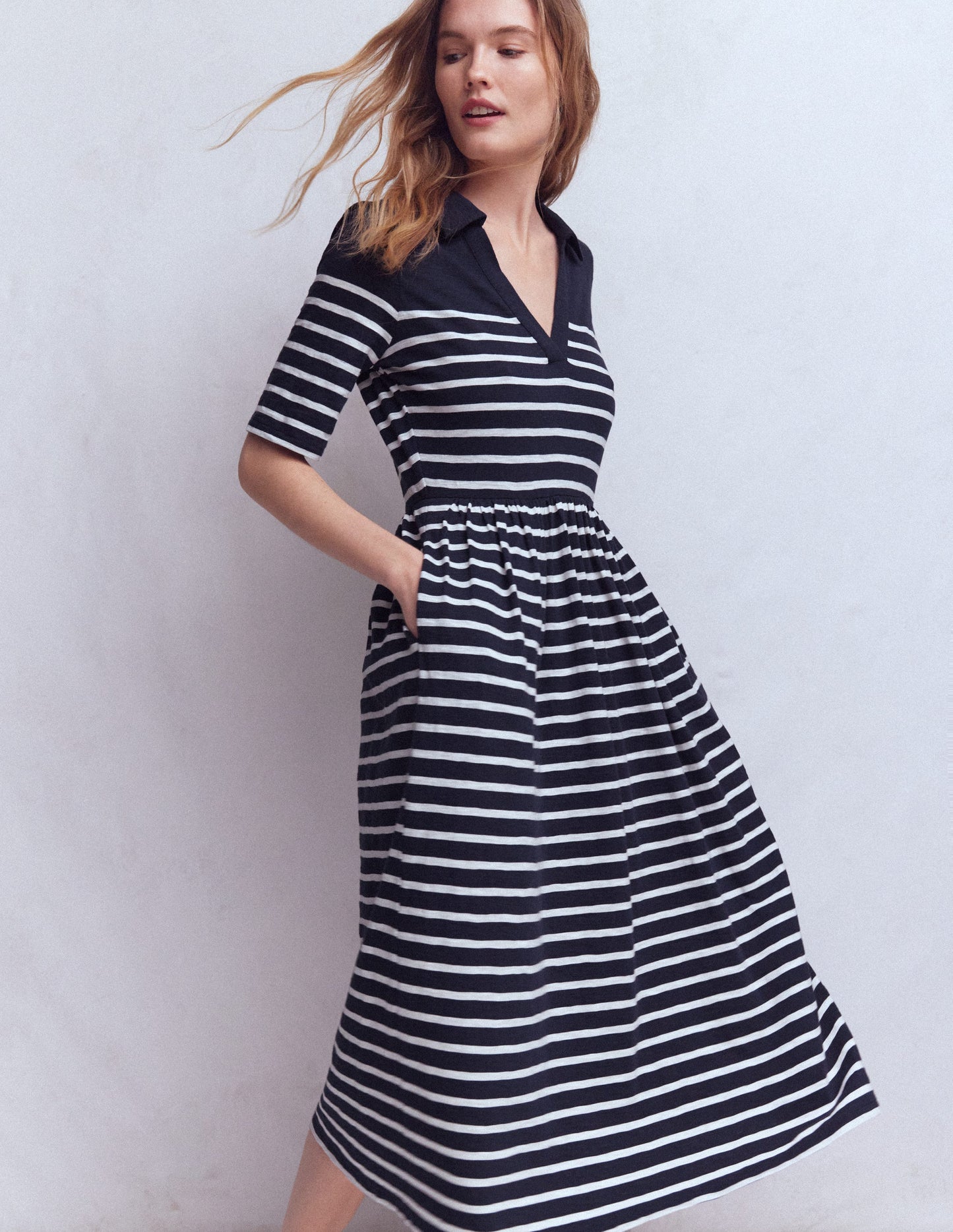 Aria Collared Jersey Dress-Navy, Ivory Stripe