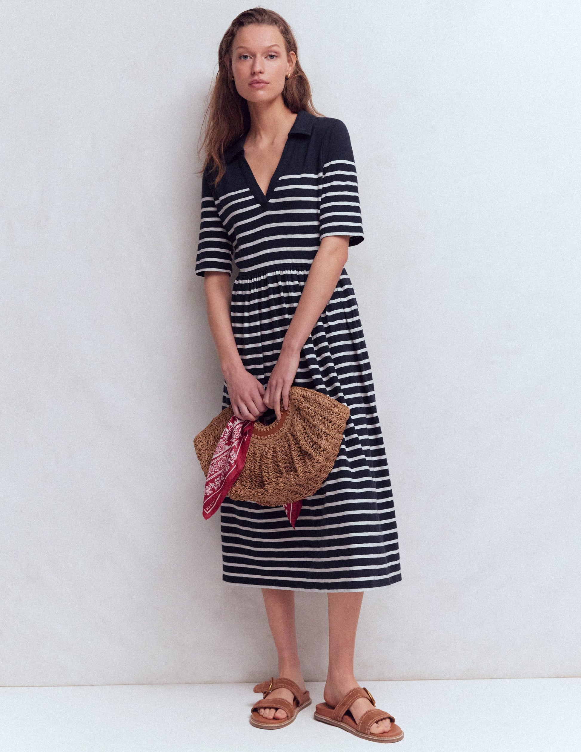 Robe à col Aria en jersey-Bleu marine, rayé ivoire-4