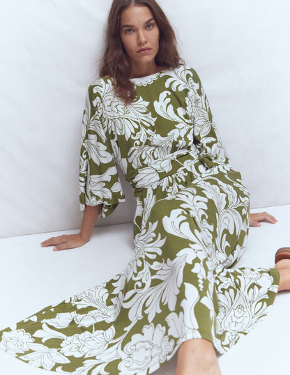 Imelda Jersey-Kimonokleid-Olivgrün, Botanisches Muster-2
