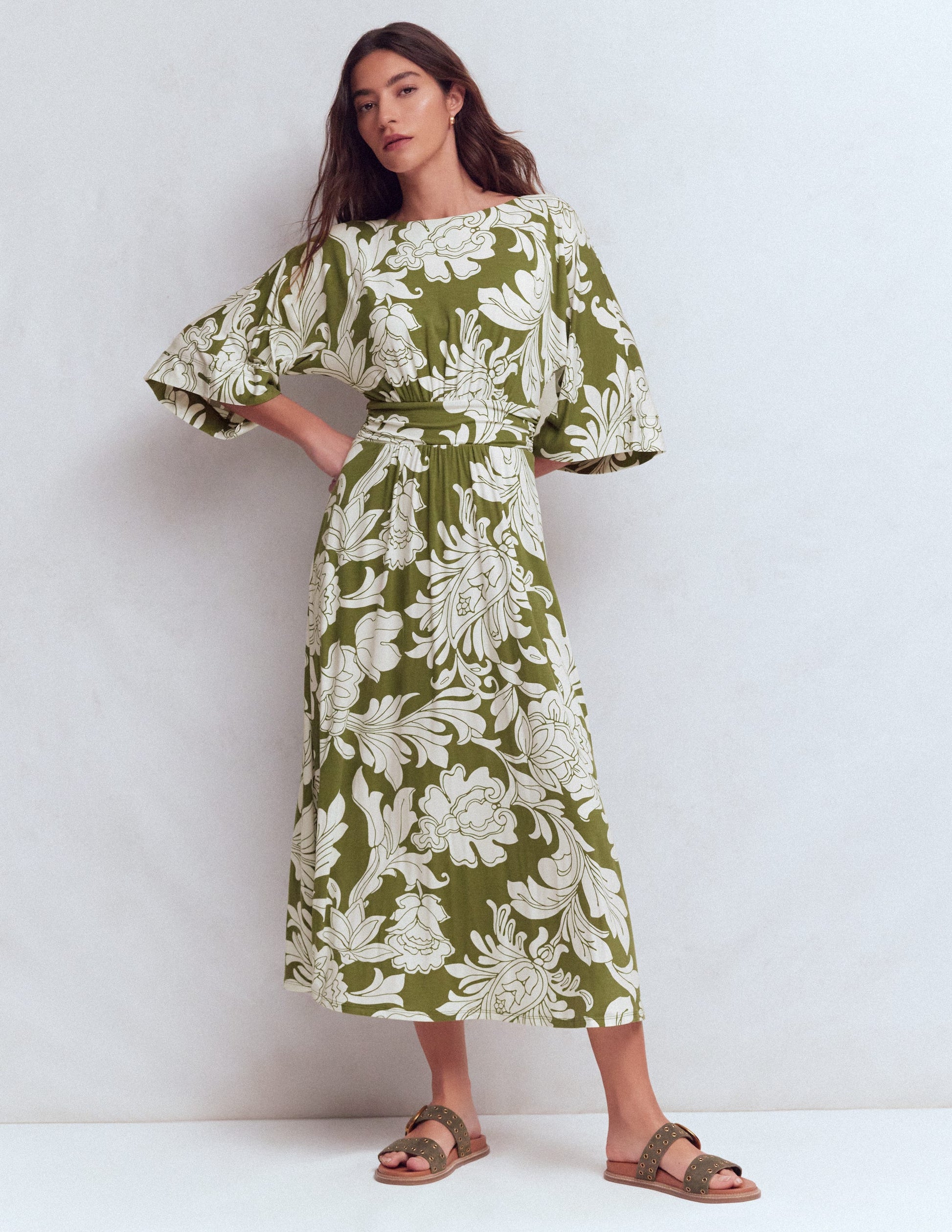 Robe kimono Imelda en jersey-Olive, motif Botanical Flourish Mono-4