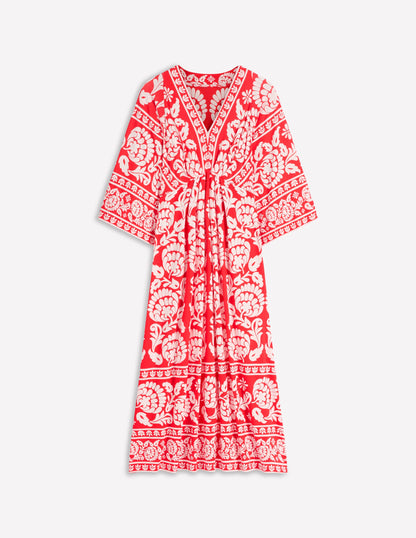 Nell Midi-Kimonokleid aus Jersey-Mohnblumenrot, Kunstvolles Blumenmuster-5