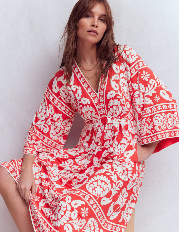 Nell Midi-Kimonokleid aus Jersey-Mohnblumenrot, Kunstvolles Blumenmuster