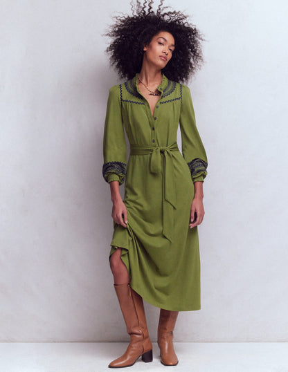Midi-Hemdblusenkleid aus Jersey mit Rüschen-Olive-1