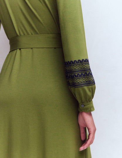 Midi-Hemdblusenkleid aus Jersey mit Rüschen-Olive-2