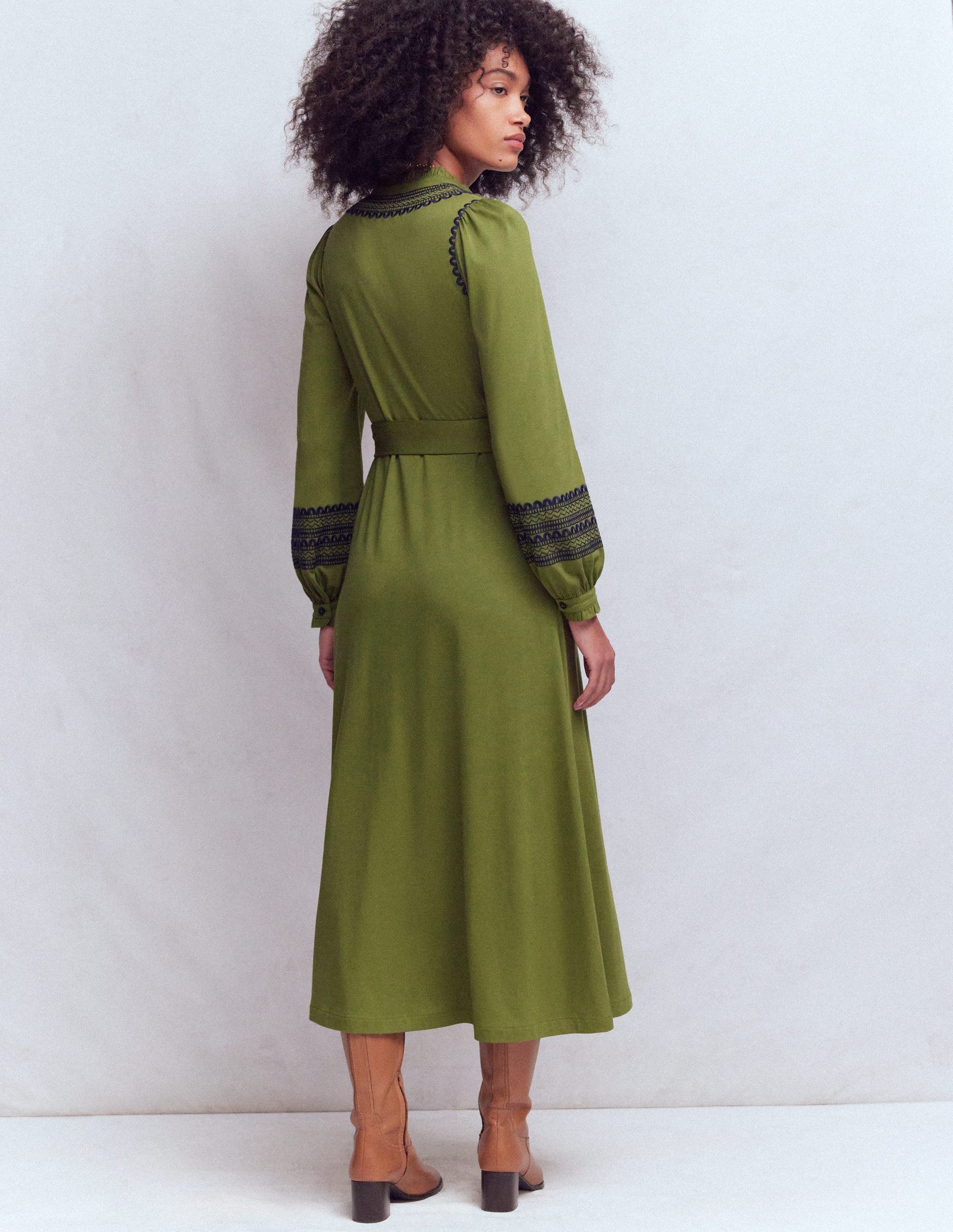 Midi-Hemdblusenkleid aus Jersey mit Rüschen-Olive-3