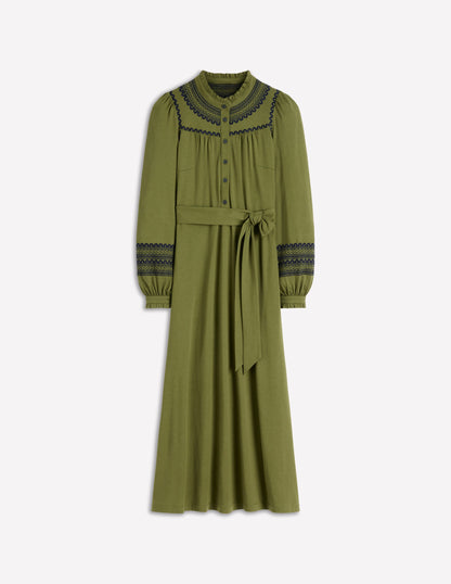Midi-Hemdblusenkleid aus Jersey mit Rüschen-Olive-6