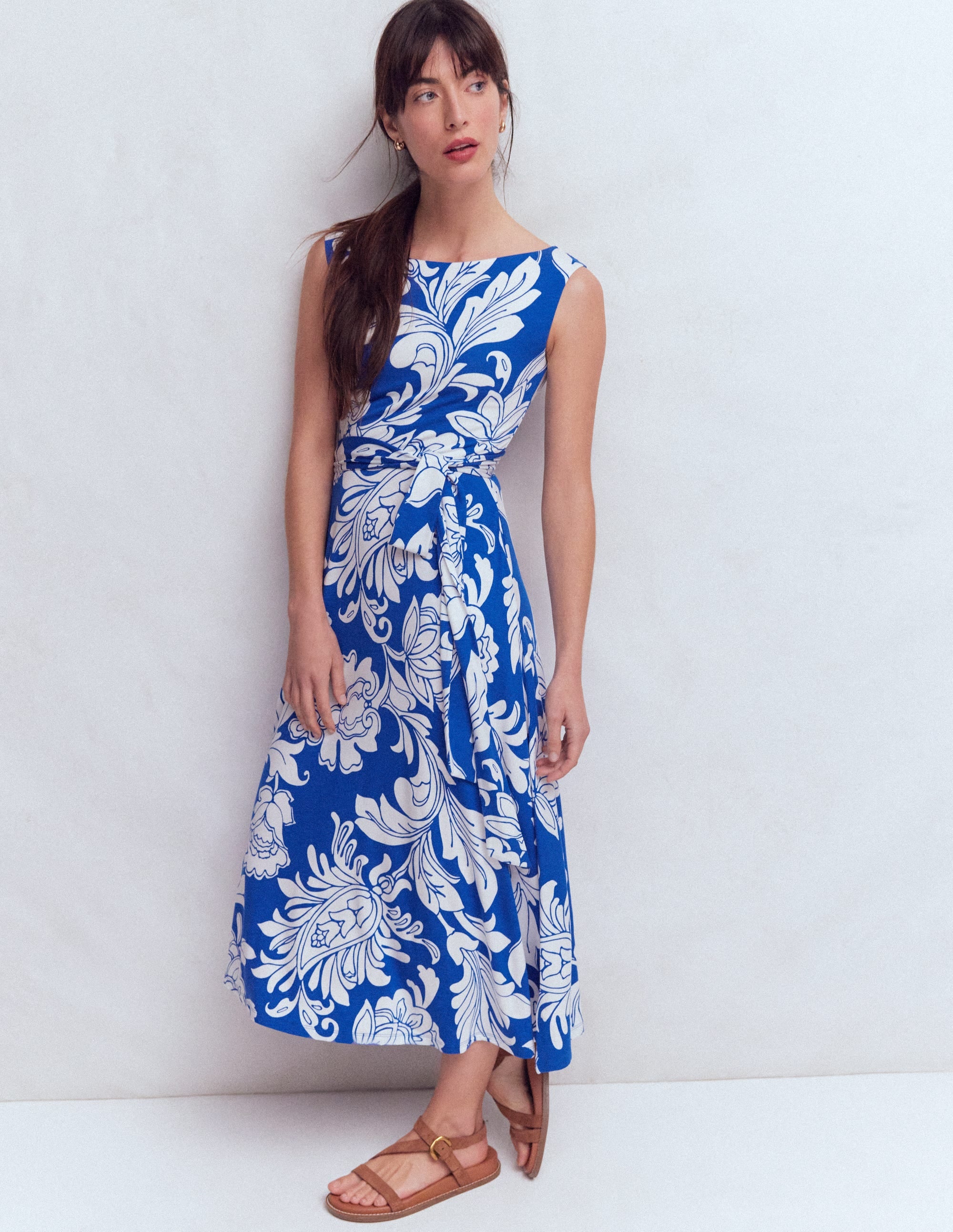 Tamsin Jersey-Midikleid-Blau, Botanisches Muster Monochrom - Image 4