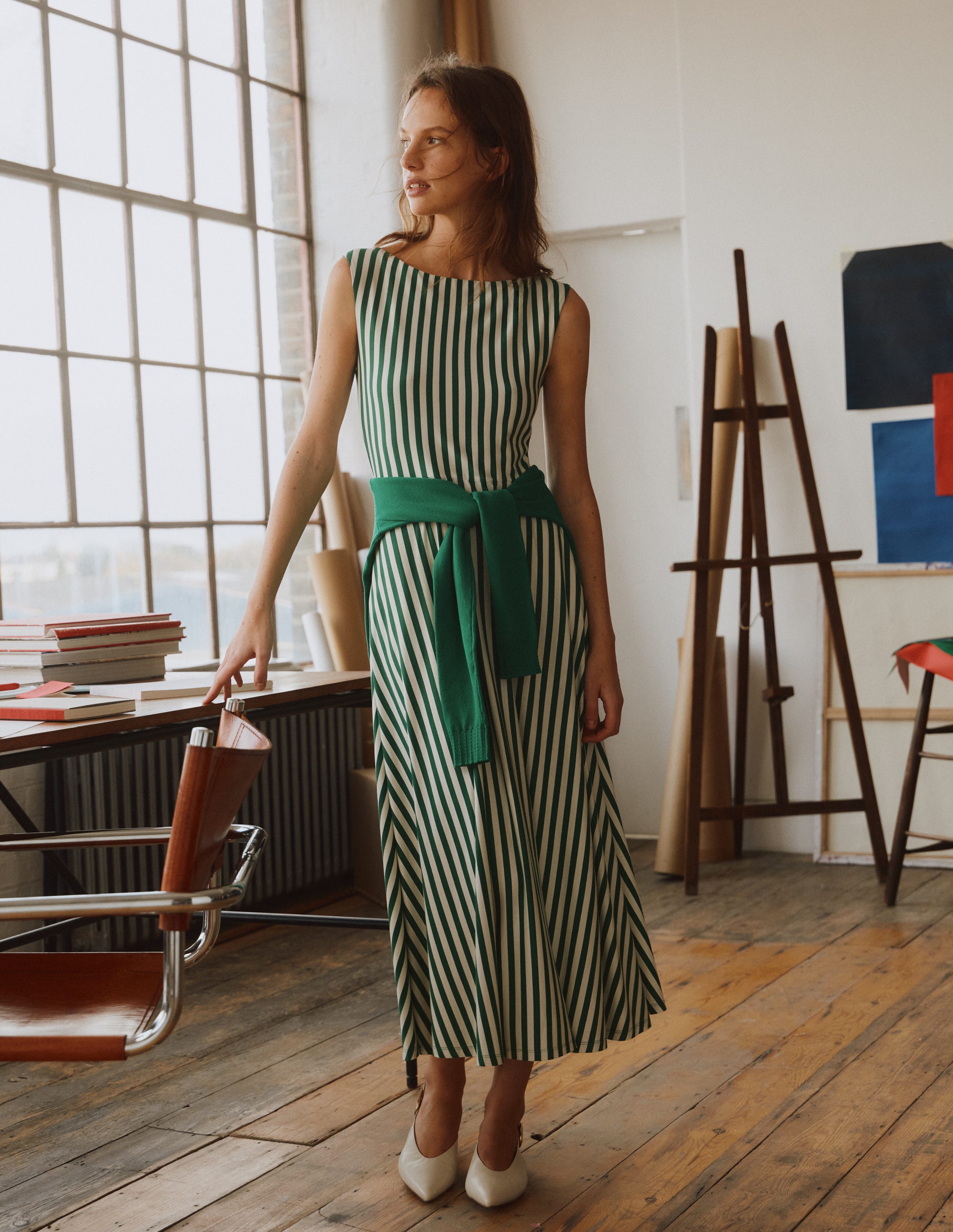 Tamsin Jersey-Midikleid-Frisches Grün und Naturweiß Streifen - Image 6