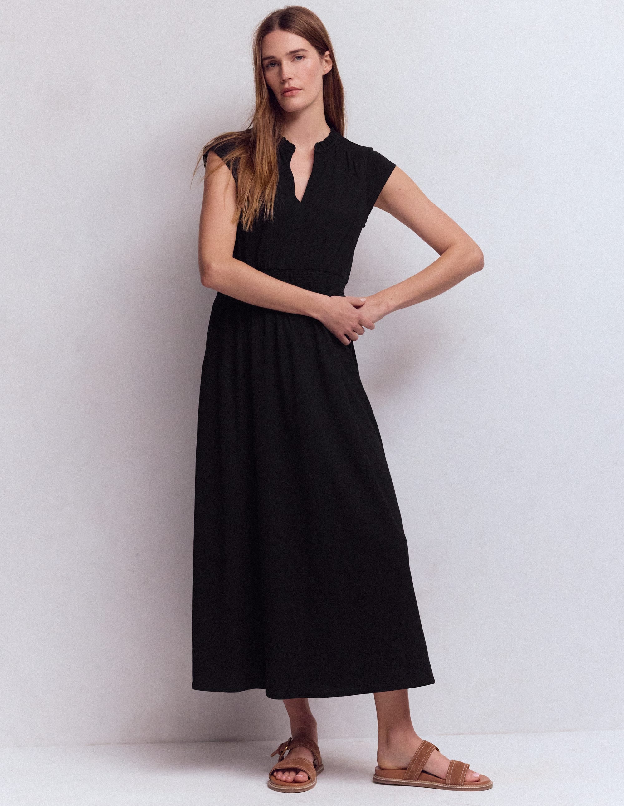 Robe midi Alba à smocks en jersey-Noir - Image 4