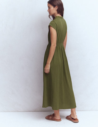 Alba Gesmoktes Jersey-Midikleid-Olive-4