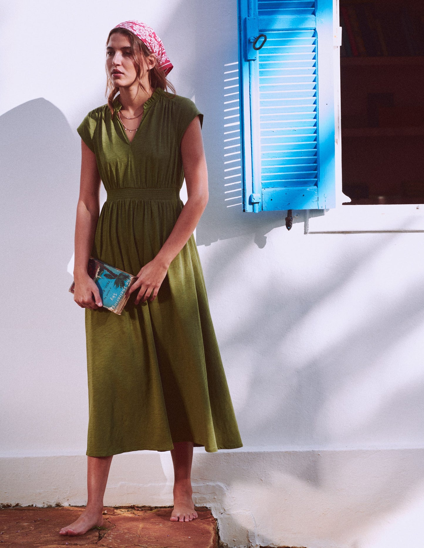 Alba Gesmoktes Jersey-Midikleid-Olive