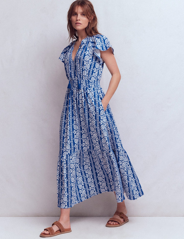 Tala Gestuftes Jersey-Maxikleid-Leuchtendes Blau, Blumenornament