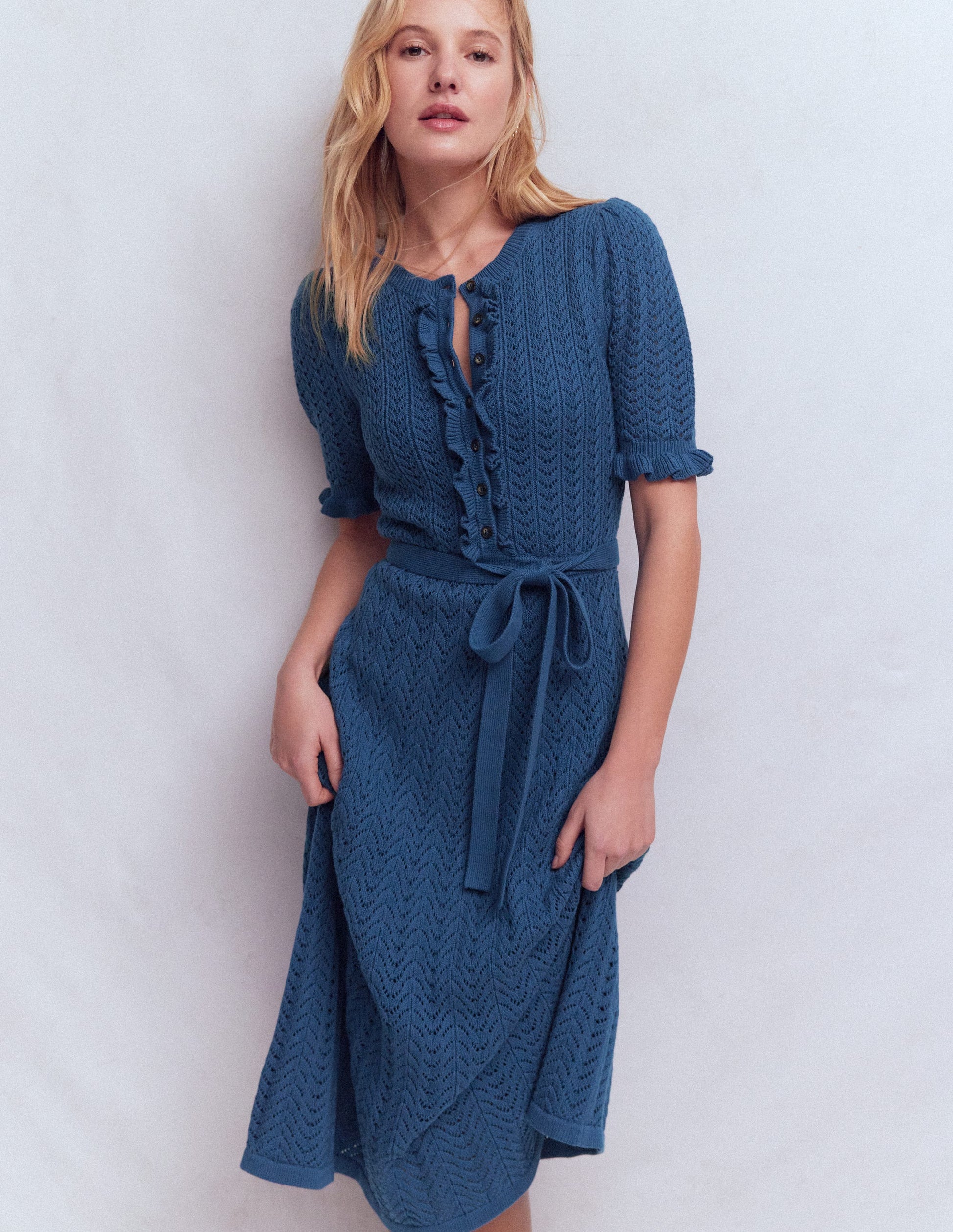 Henley-Strickkleid mit Rüschen-Denim-Blau-1