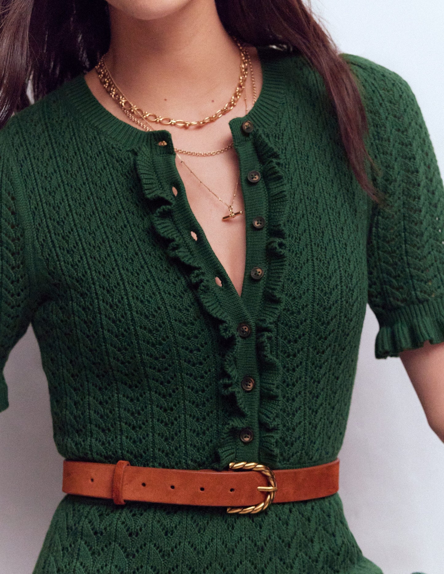 Henley-Strickkleid mit Rüschen-Jagdgrün