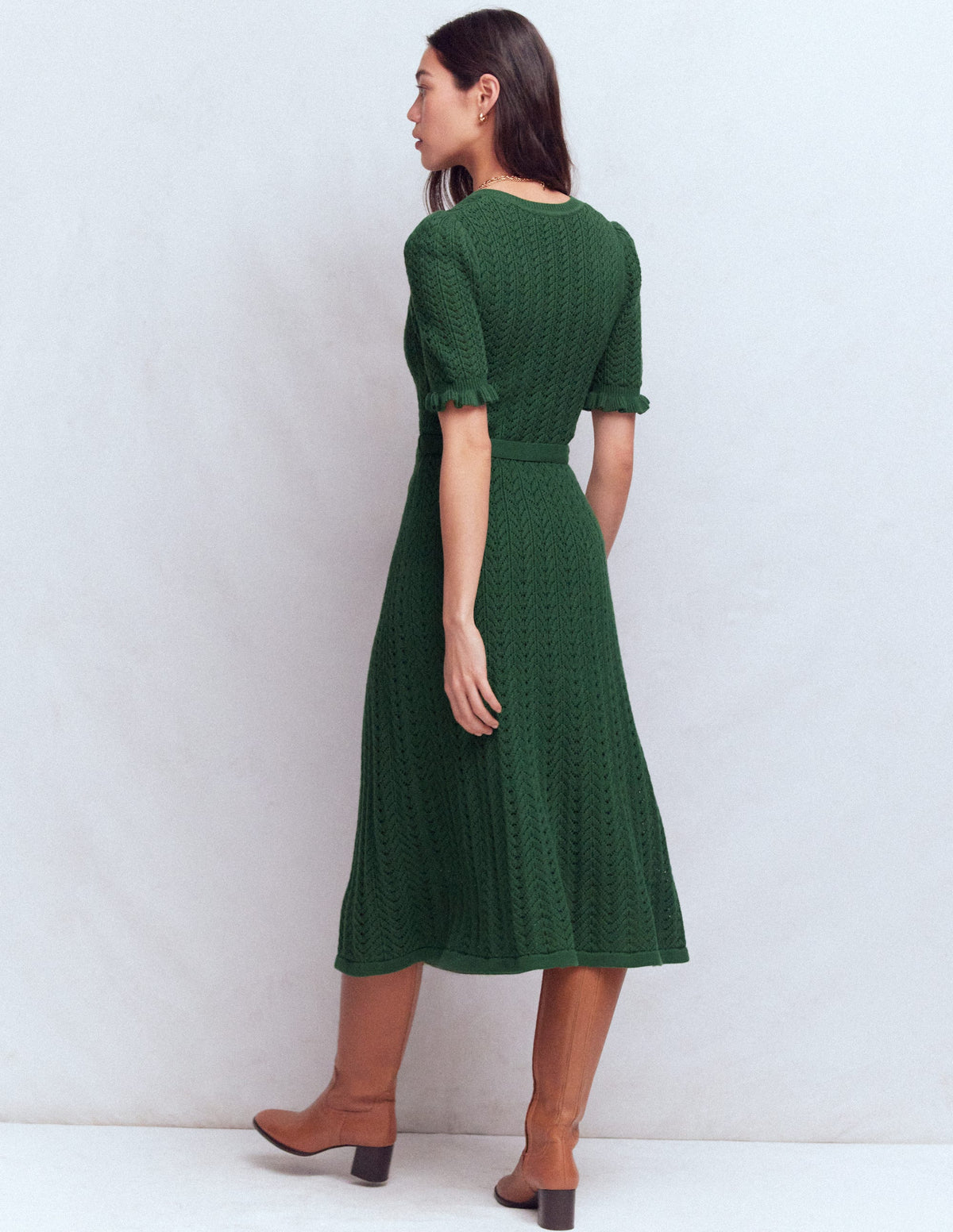 Henley Frill Knitted Dress-Hunter Green - Image 4