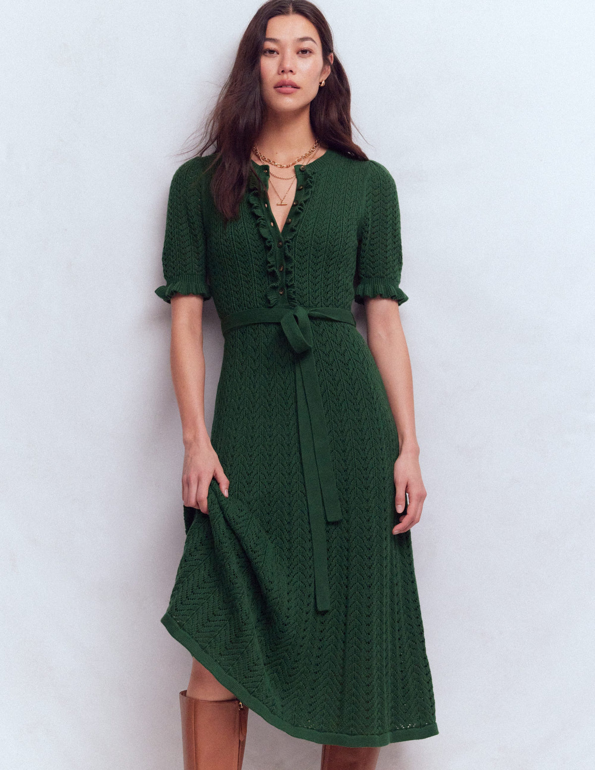 Henley Frill Knitted Dress-Hunter Green - Image 1
