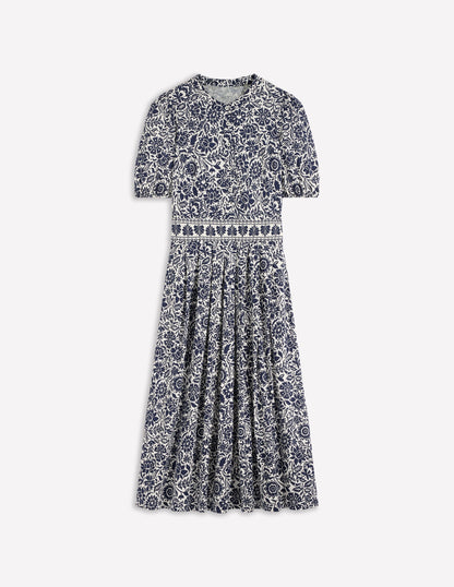 Amber Pleat Jersey Midi Dress-French Navy, Meadow Scatter-6
