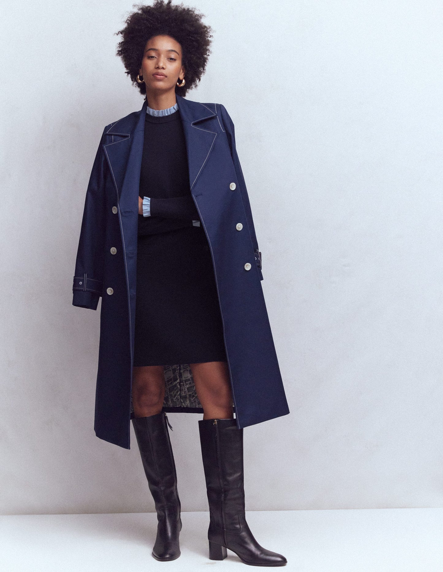 Gewebtes Strickkleid mit Besatz-Marineblau