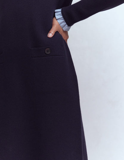 Gewebtes Strickkleid mit Besatz-Marineblau-3