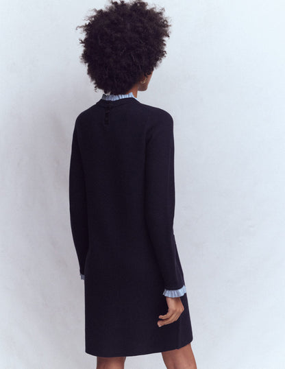 Gewebtes Strickkleid mit Besatz-Marineblau-4