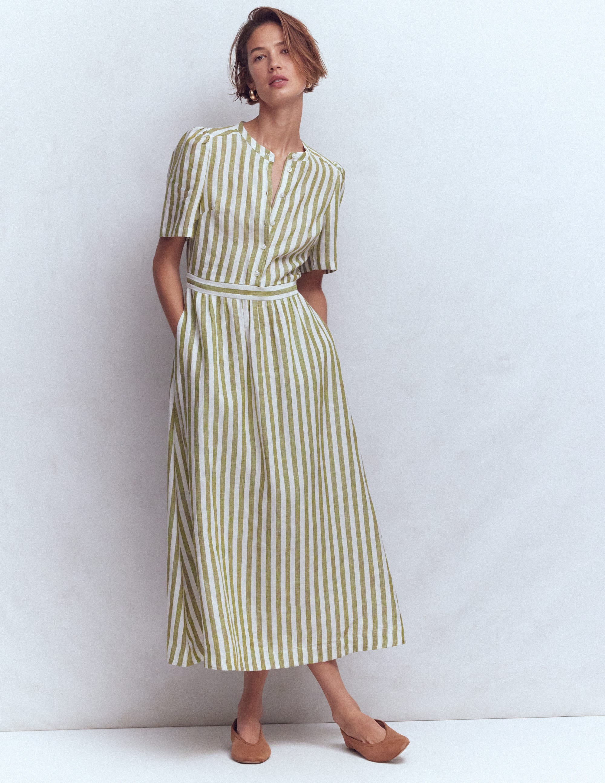 Ivy Leinen-Midikleid mit Knopfleiste-Olivgrün, Naturweiß Streifen - Image 1