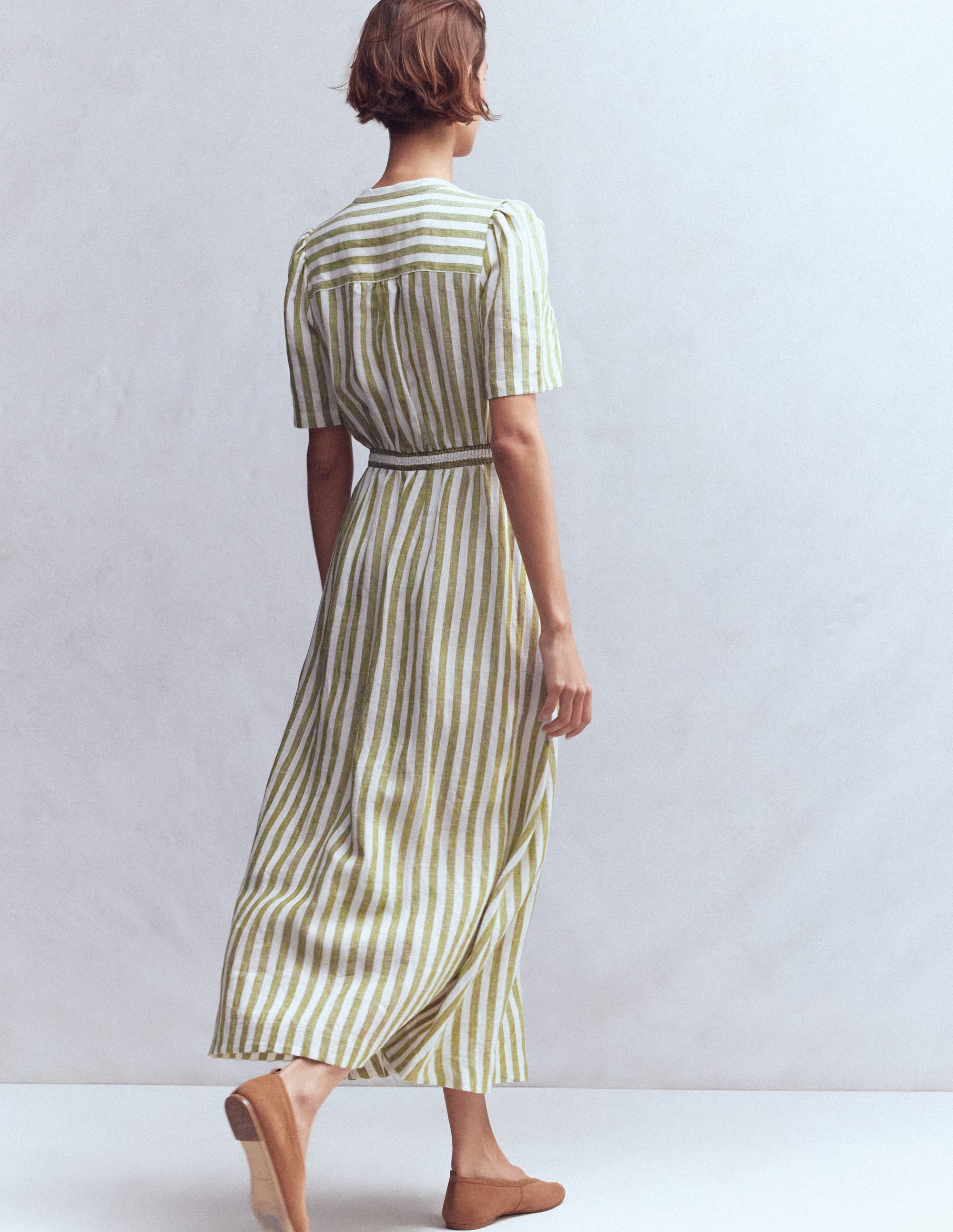 Ivy Leinen-Midikleid mit Knopfleiste-Olivgrün, Naturweiß Streifen - Image 3