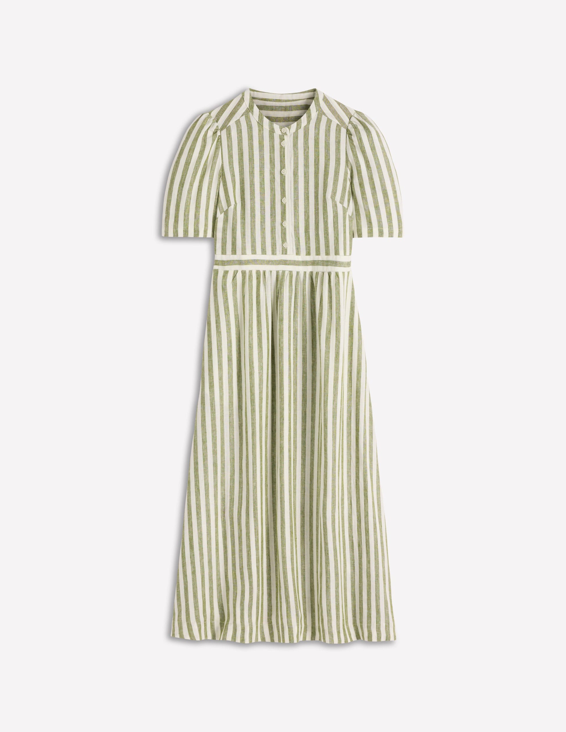 Ivy Placket Linen Midi Dress-Olive, Ivory Stripe-6