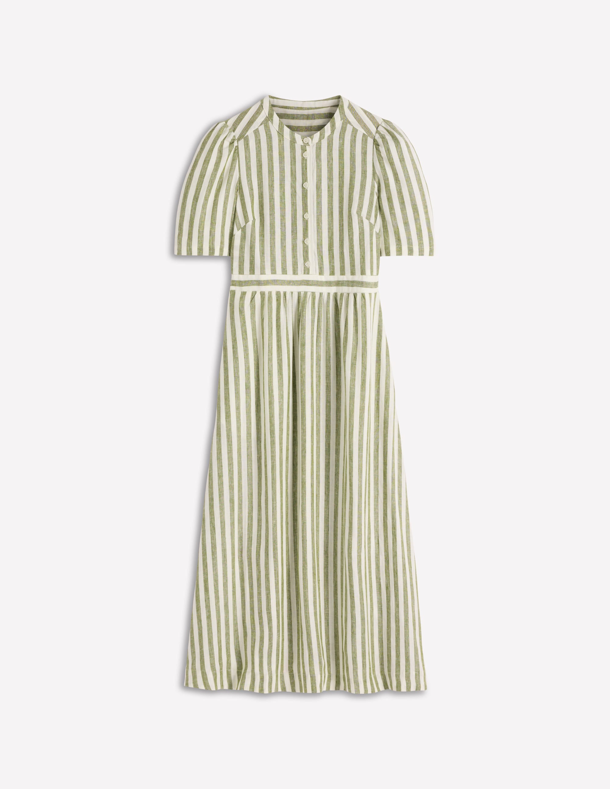 Ivy Leinen-Midikleid mit Knopfleiste-Olivgrün, Naturweiß Streifen - Image 6