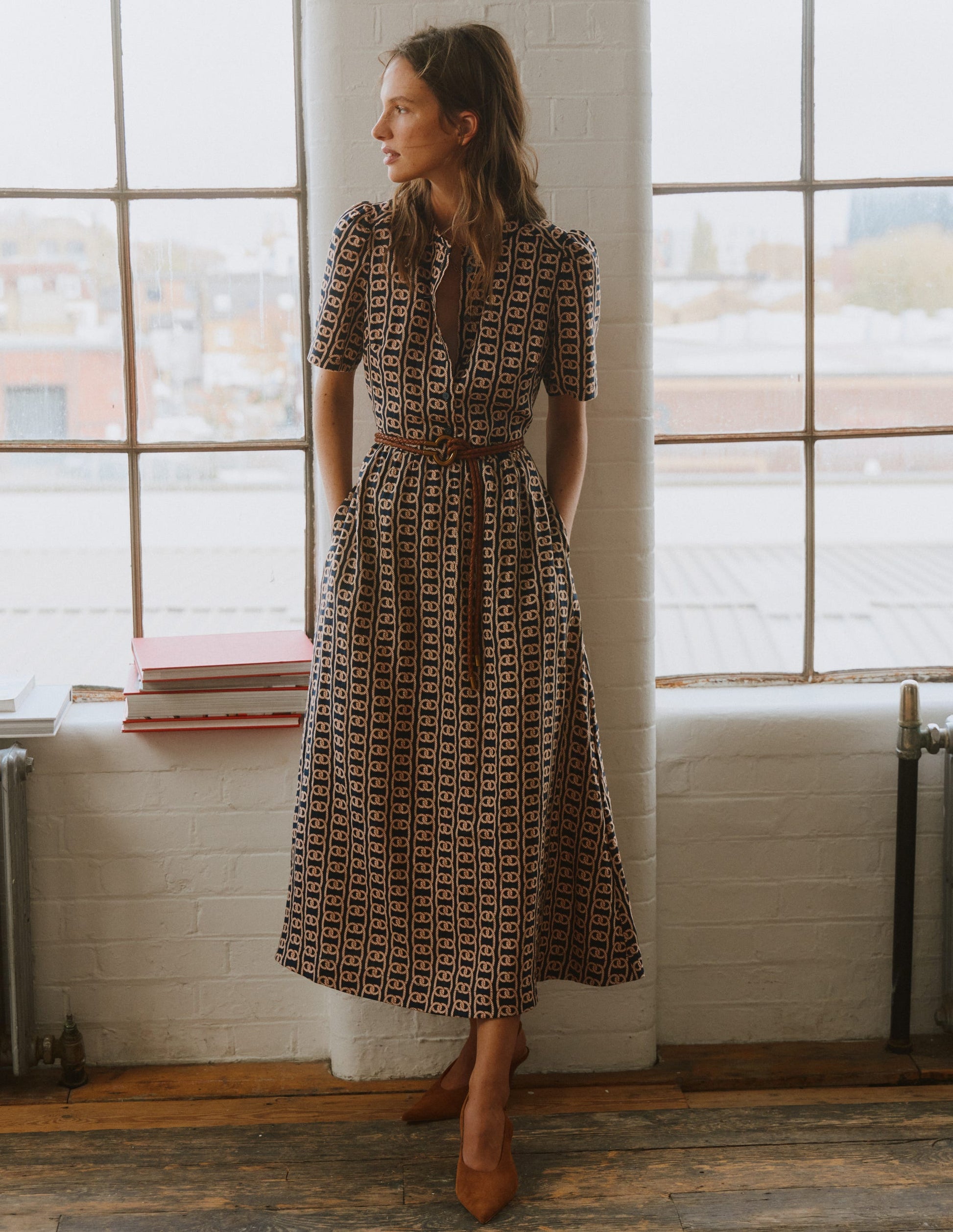 Robe midi Ivy en lin-Bleu marine foncé, motif Rope Trellis-1