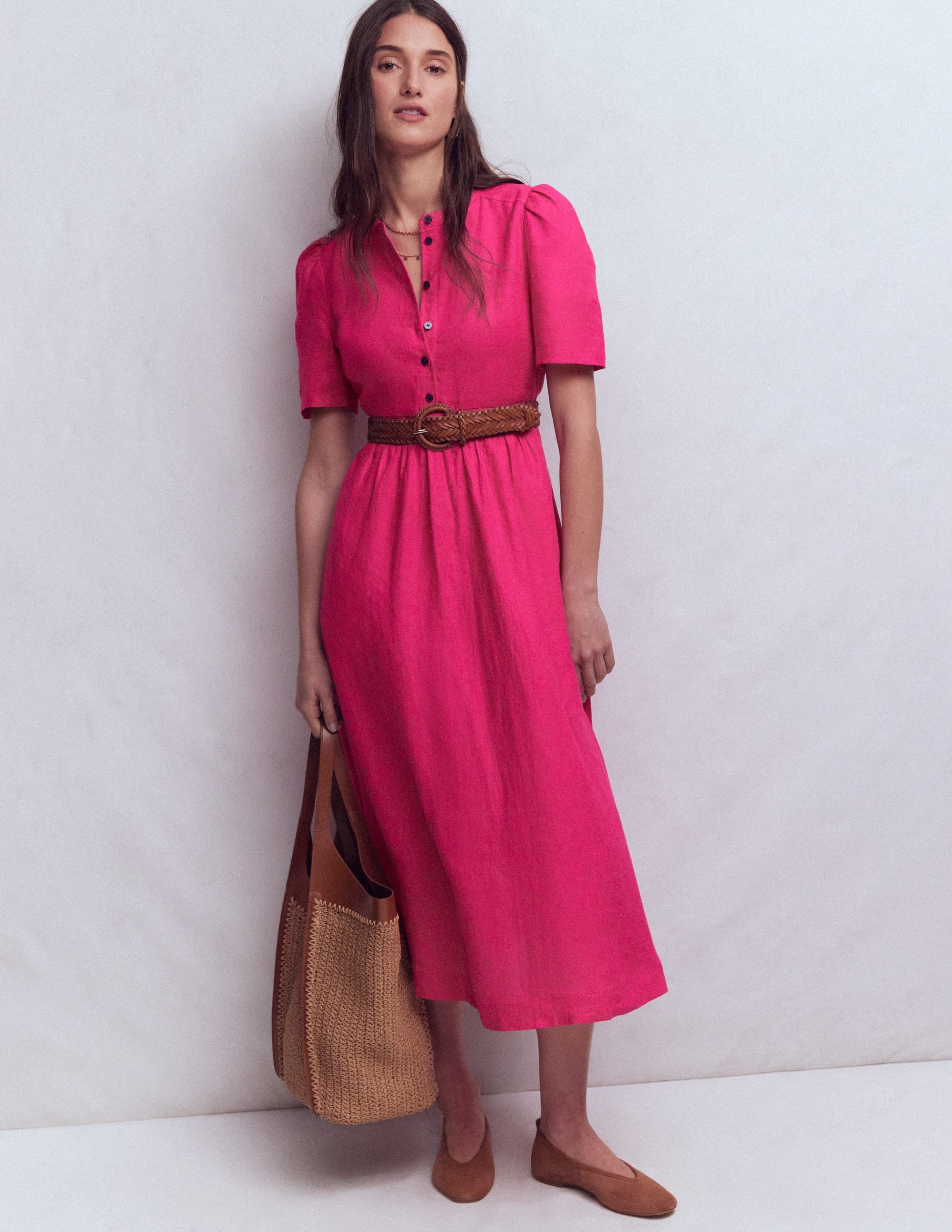 Ivy Leinen-Midikleid mit Knopfleiste-Rosarot - Image 1