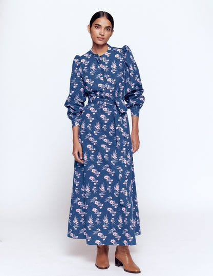 Robe midi Ava en coton-Bleu marine, motif Blossomy Sprig-1